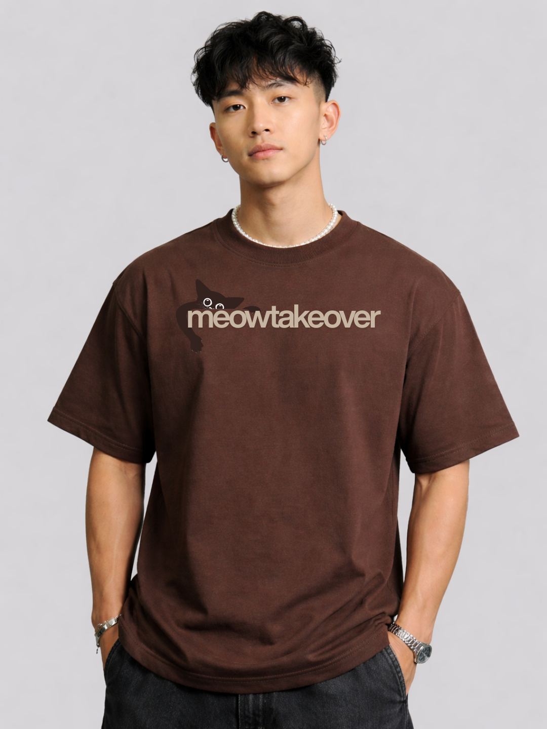 Meowtakeover - Boxy-Fit Brown T-Shirt