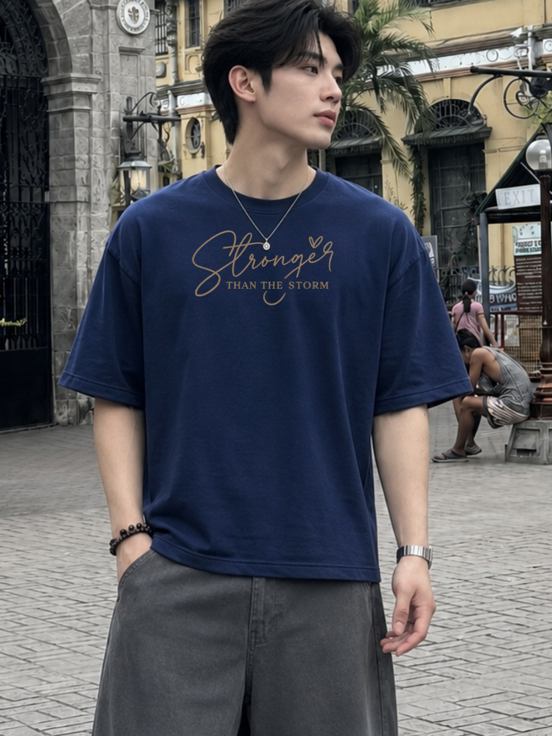 Stronger Than The Storm Oversized T-Shirt – Navy Blue