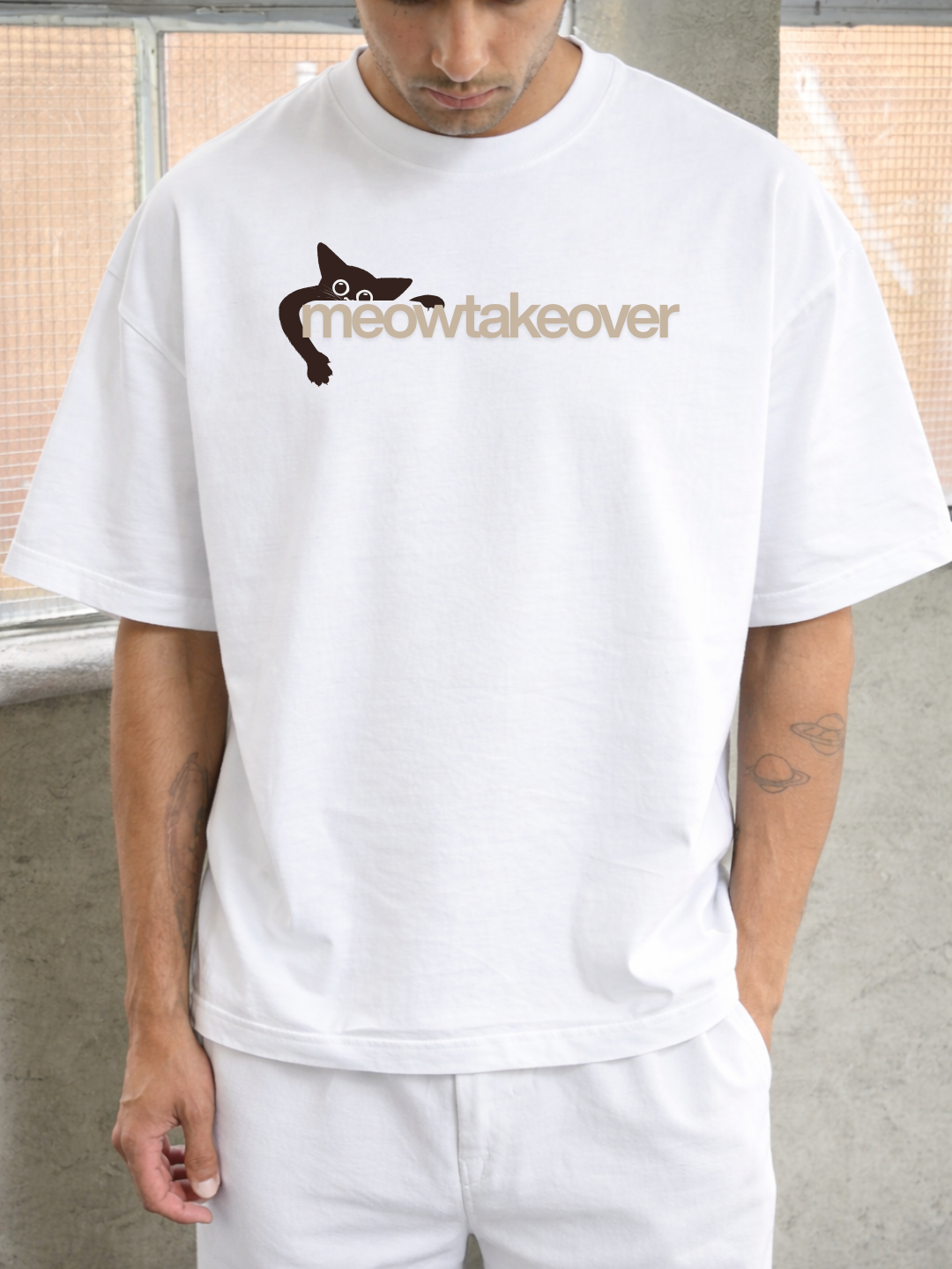 Meowtakeover Oversized Boxy-Fit T-Shirt for Men – White