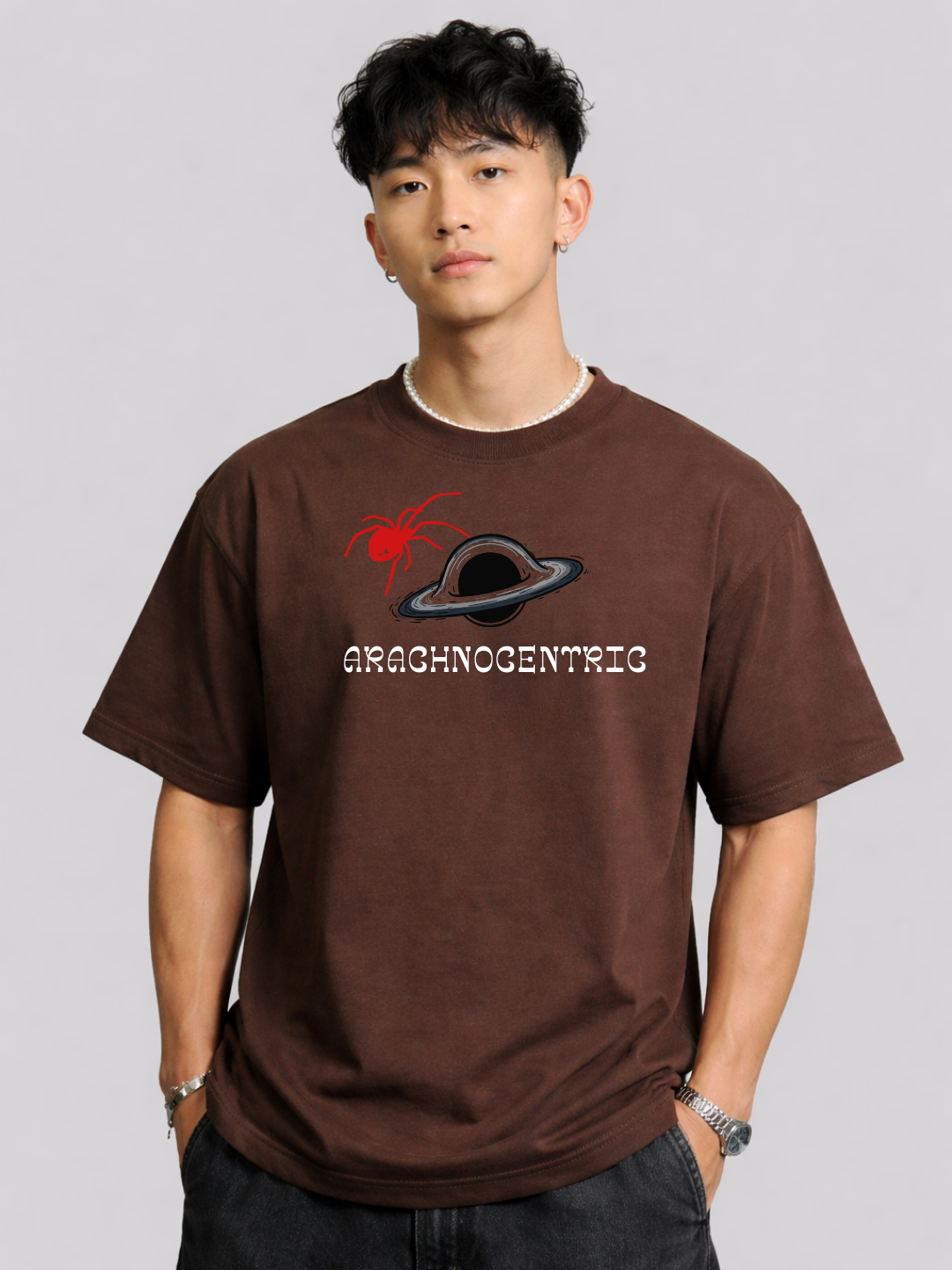 Arachnocentric (spidy) Oversized Boxy-Fit T-Shirt for Men – Brown