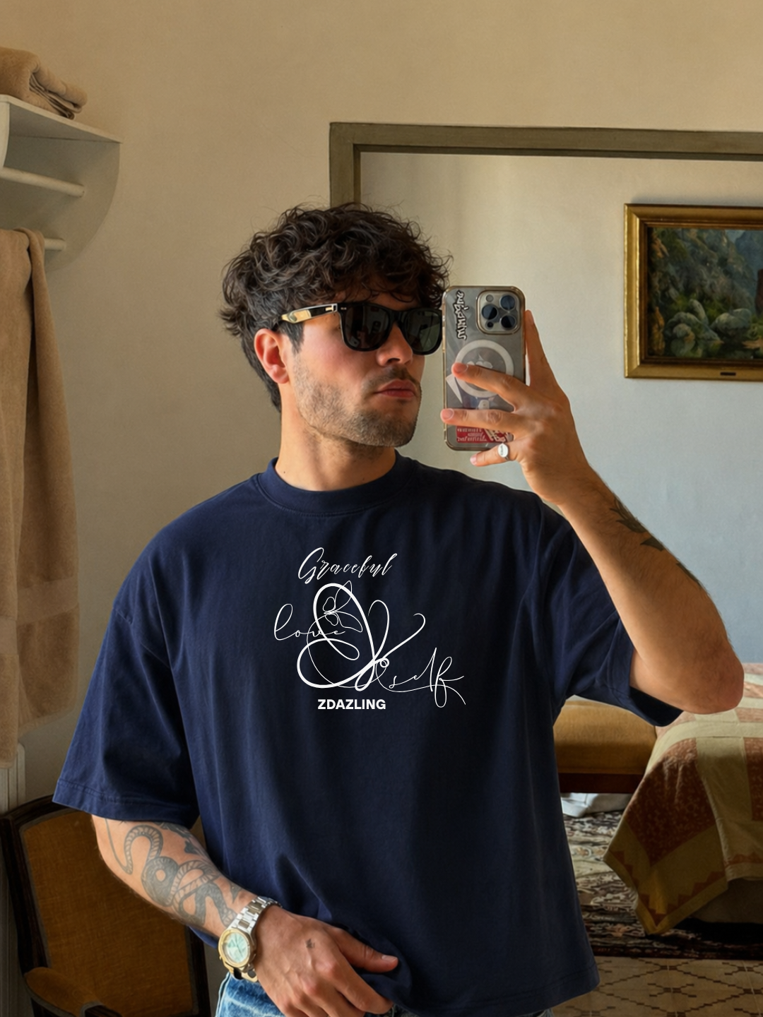 Graceful Love Yourself Oversized Boxy-Fit T-Shirt for Men – Navy Blue