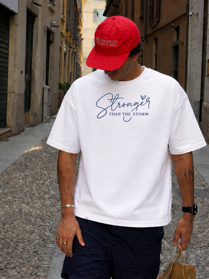 Stronger Than The Storm Oversized Boxy-Fit T-Shirt for Men – White