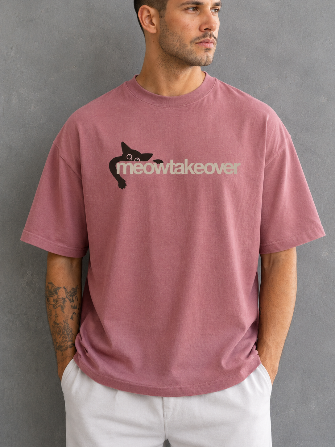 Meowtakeover Oversized Boxy-Fit T-Shirt for Men – Old Rose