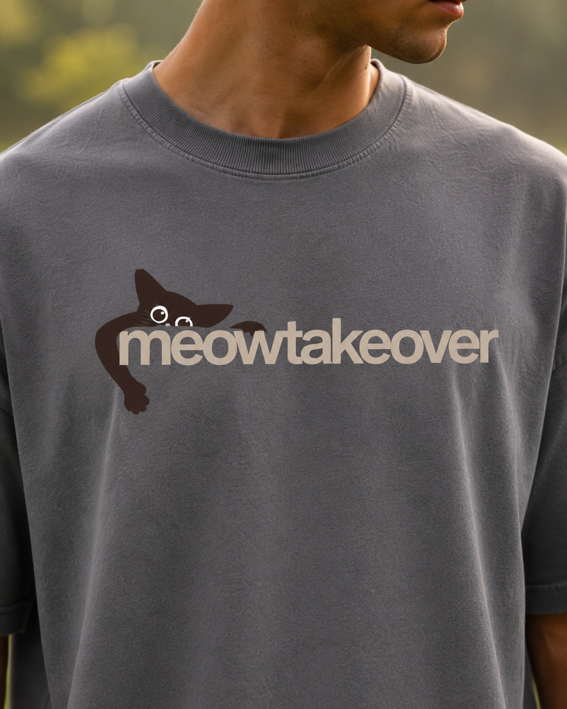 Meowtakeover Oversized Boxy-Fit T-Shirt for Men – Grey