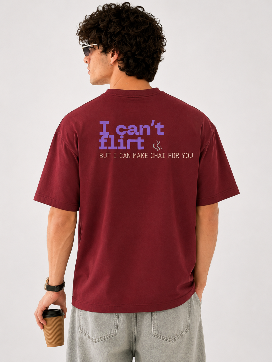 I Can't Flirt But I Can Make Chai for You Oversized Boxy-Fit T-Shirt for Men – Maroon