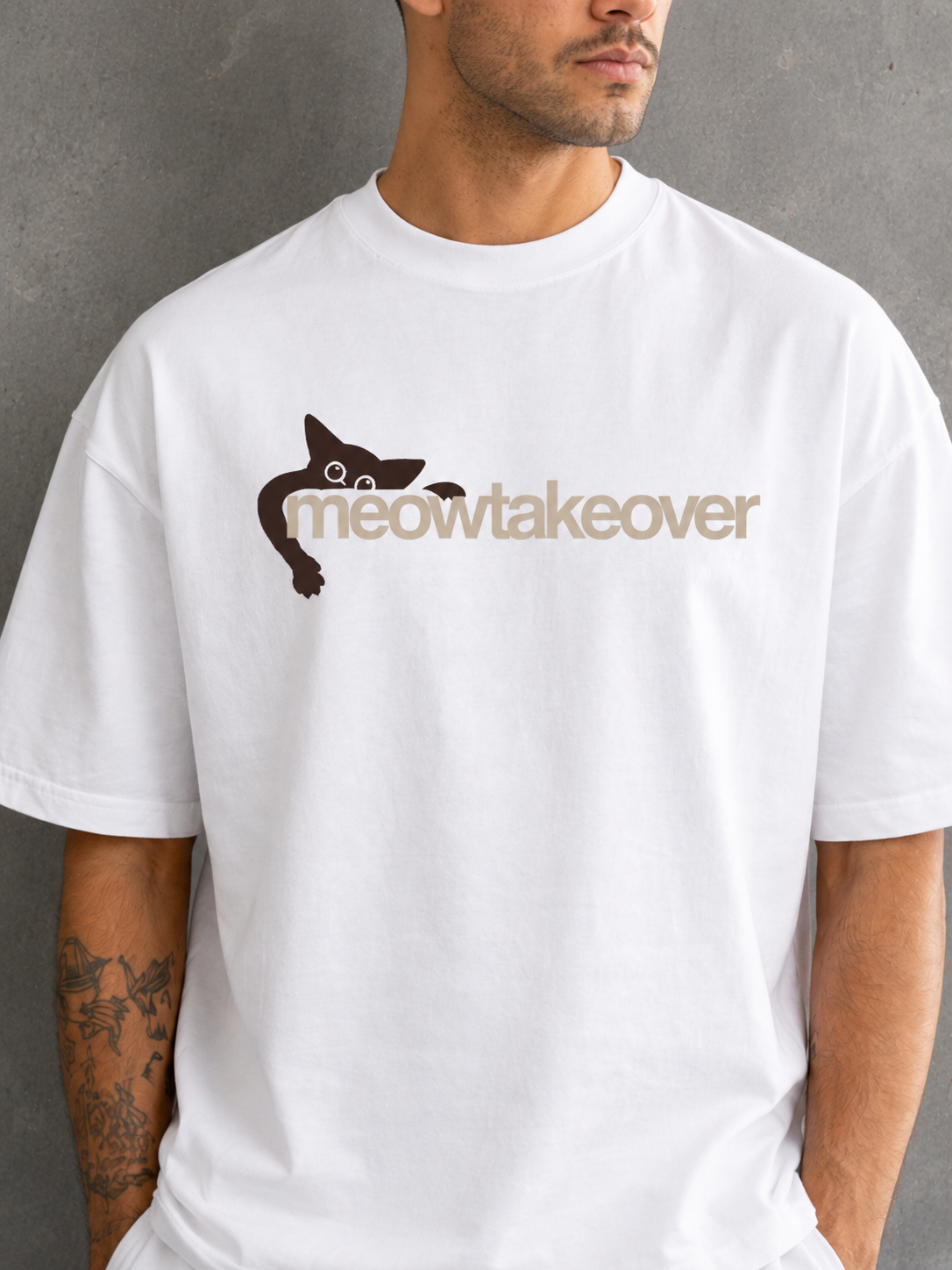 Meowtakeover Oversized Boxy-Fit T-Shirt for Men – White